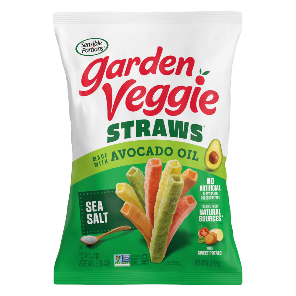 Sensible Portions Garden Veggie Straws sea salt bag offers a crunchy, shareable snack.