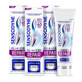 Sensodyne Clinical Repair Whiten & Shine triple-pack toothpaste tubes for sensitivity relief.