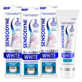 Sensodyne Clinical White toothpaste tube closeup showing whitening focus for sensitive teeth.