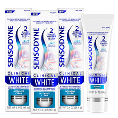 Sensodyne Clinical White toothpaste tube closeup showing whitening focus for sensitive teeth.