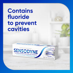 Sensodyne Extra Whitening Cool Mint tube front for sensitive teeth care.