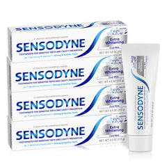 Sensodyne Extra Whitening four-tube pack showing whitening and sensitivity protection.