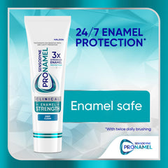 Sensodyne Pronamel enamel-strength badge; signals 3x stronger enamel protection claim.
