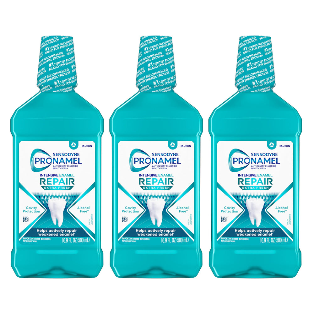 Sensodyne Pronamel Intensive Repair mouthwash 3-pack bottles showcasing enamel repair potential.