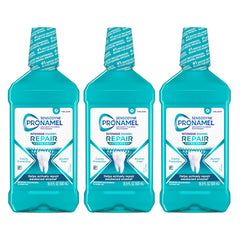 Sensodyne Pronamel Intensive Repair mouthwash 3-pack bottles showcasing enamel repair potential.