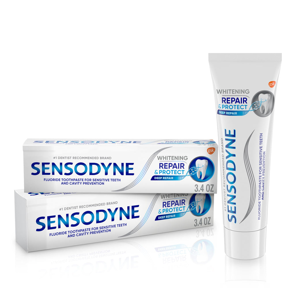 Sensodyne Repair and Protect Whitening toothpaste tubes in a two-pack for sensitive teeth relief