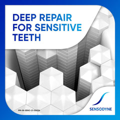 Person brushing with Sensodyne Repair and Protect for sensitive teeth relief.