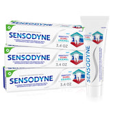 Sensodyne toothpaste front view with mint foam, highlighting sensitivity relief and triple protection.