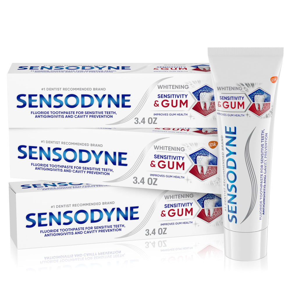 Sensodyne Sensitivity & Gum Whitening toothpaste package highlights dual-action protection for sensitive teeth.
