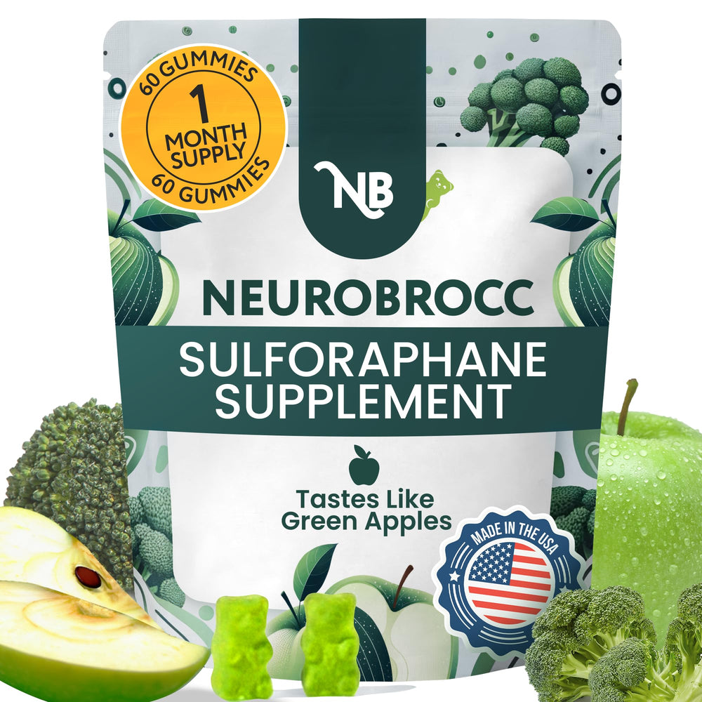 Sensory Scout NeuroBrocc gummy bottle close-up, kid-friendly broccoli extract option.