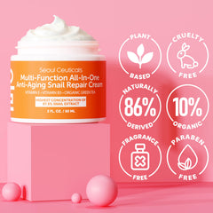 SeoulCeuticals panel shows organic ingredients like shea butter and aloe for nourishing care.