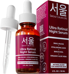 SeoulCeuticals 1% retinol night serum bottle enhances the evening skincare routine with potential renewal support.