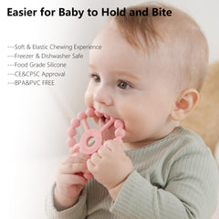 Seposeve teether pairs with pacifier clip to stay clean and within reach.