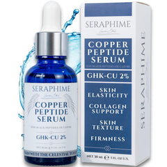 Seraphime Copper Peptide Serum bottle on a clean surface for daily glow