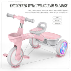 SEREED pink tricycle adjustable seat ensures growing comfort.