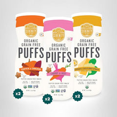 Serenity Kids Puffs pumpkin and carrot flavors, dissolvable for tiny hands.