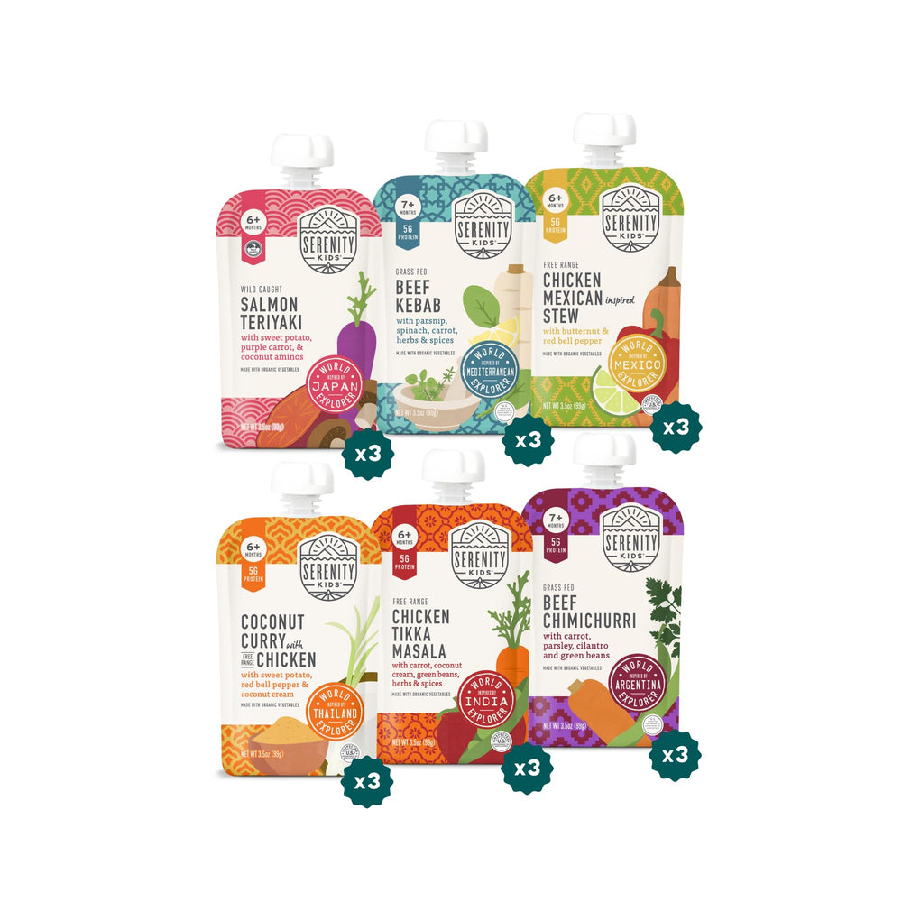 Serenity Kids World Explorers pouch on shelf, ready for adventures and protein support.
