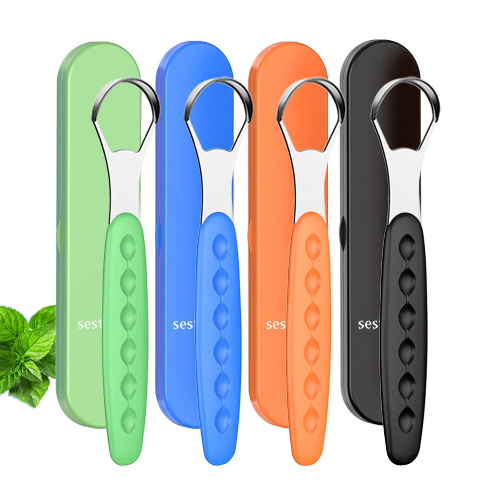 Sestball tongue scraper with green handle for precise cleaning and family use.