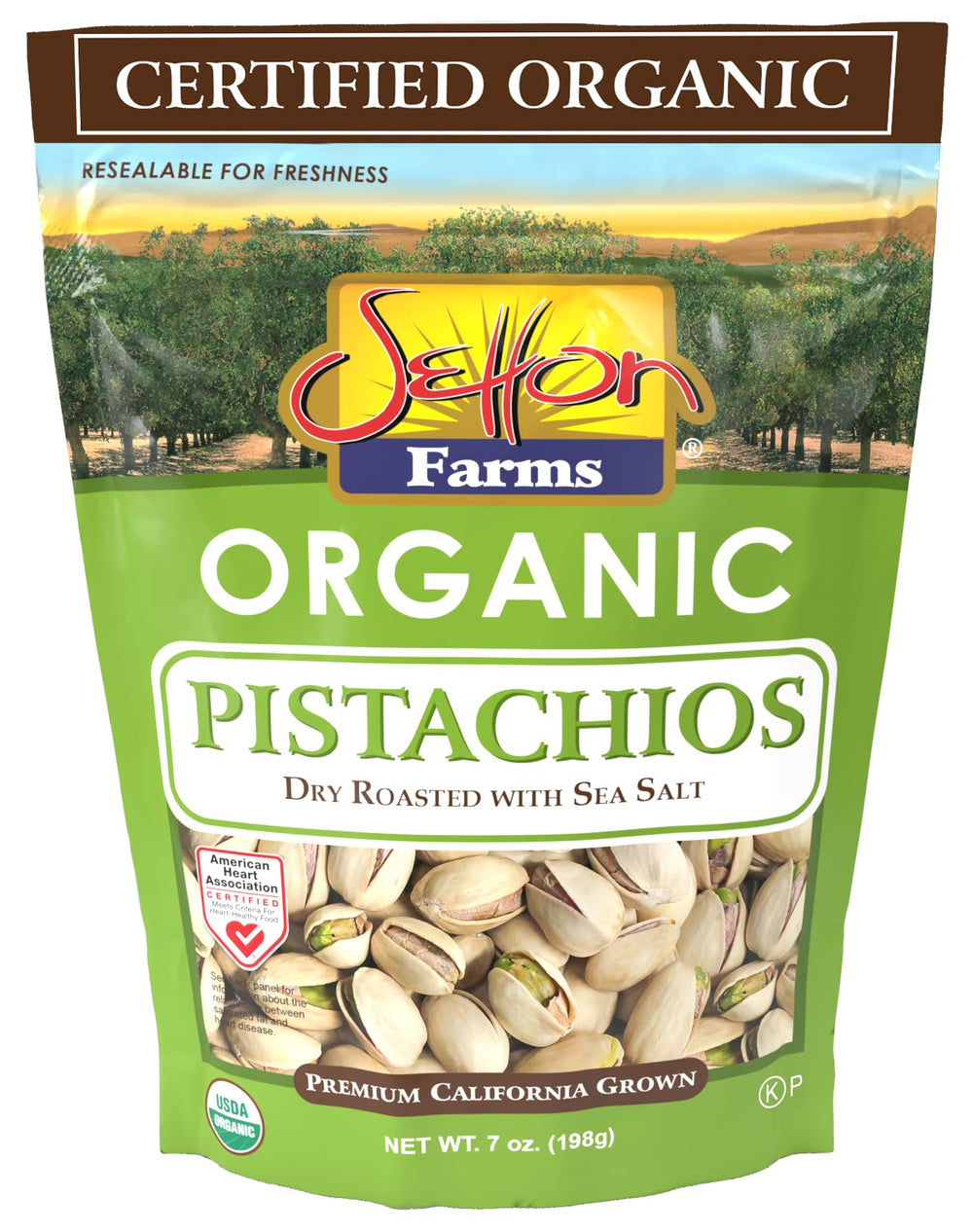 Setton Farms organic pistachios dry roasted with sea salt in a 7oz bag for easy snacking.