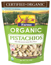 Setton Farms organic pistachios dry roasted with sea salt in a 7oz bag for easy snacking.