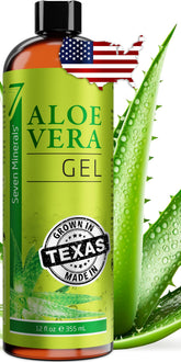 Seven Minerals Aloe Gel bottle front shows pure Texas-grown formula for daily skin care