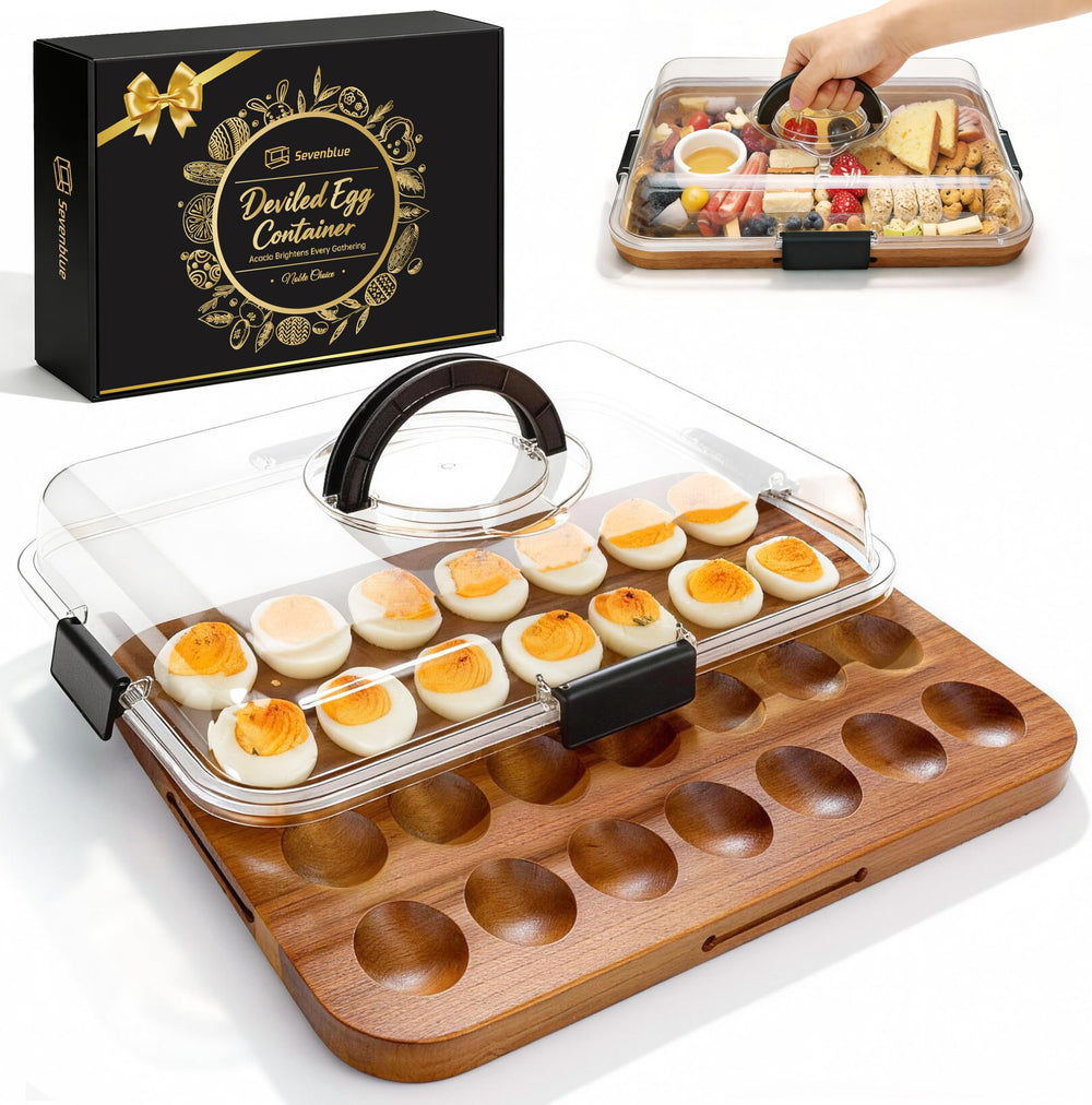 Sevenblue Easter acacia wood deviled egg container with lid, 28 secure slots for transport