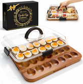 Sevenblue Easter acacia wood deviled egg container with lid, 28 secure slots for transport