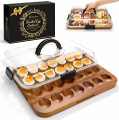 Sevenblue Easter acacia wood deviled egg container with lid, 28 secure slots for transport