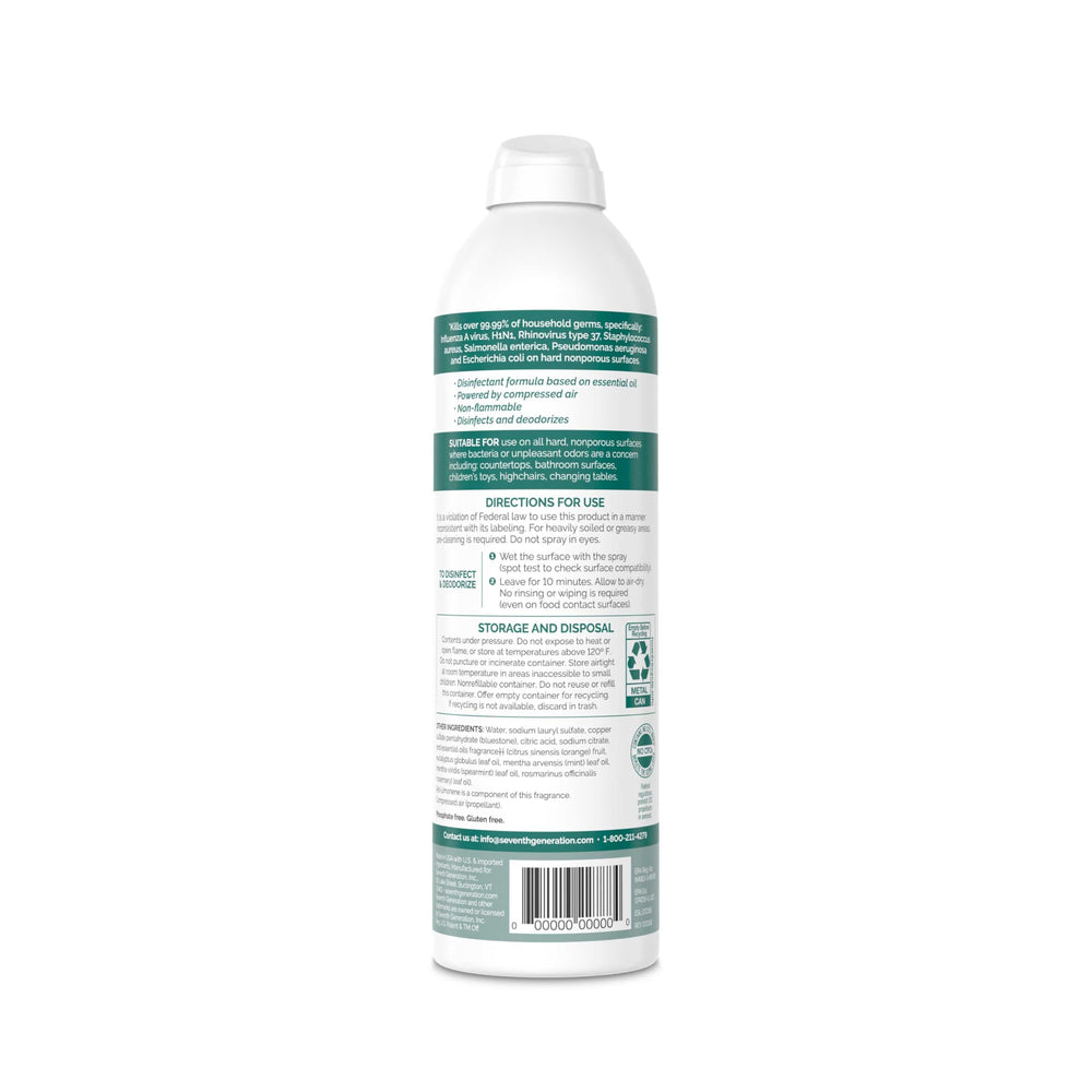 Seventh Generation disinfecting spray bottle close-up showing eucalyptus thyme formula for surfaces