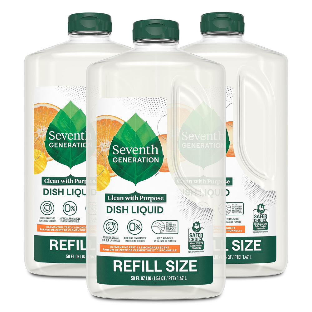 Seventh Generation hand dish wash refill bottle front shows a safe, plant-based formula for everyday dish cleaning