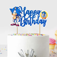Seyal Soonic blue happy birthday topper for gamer-themed cake.