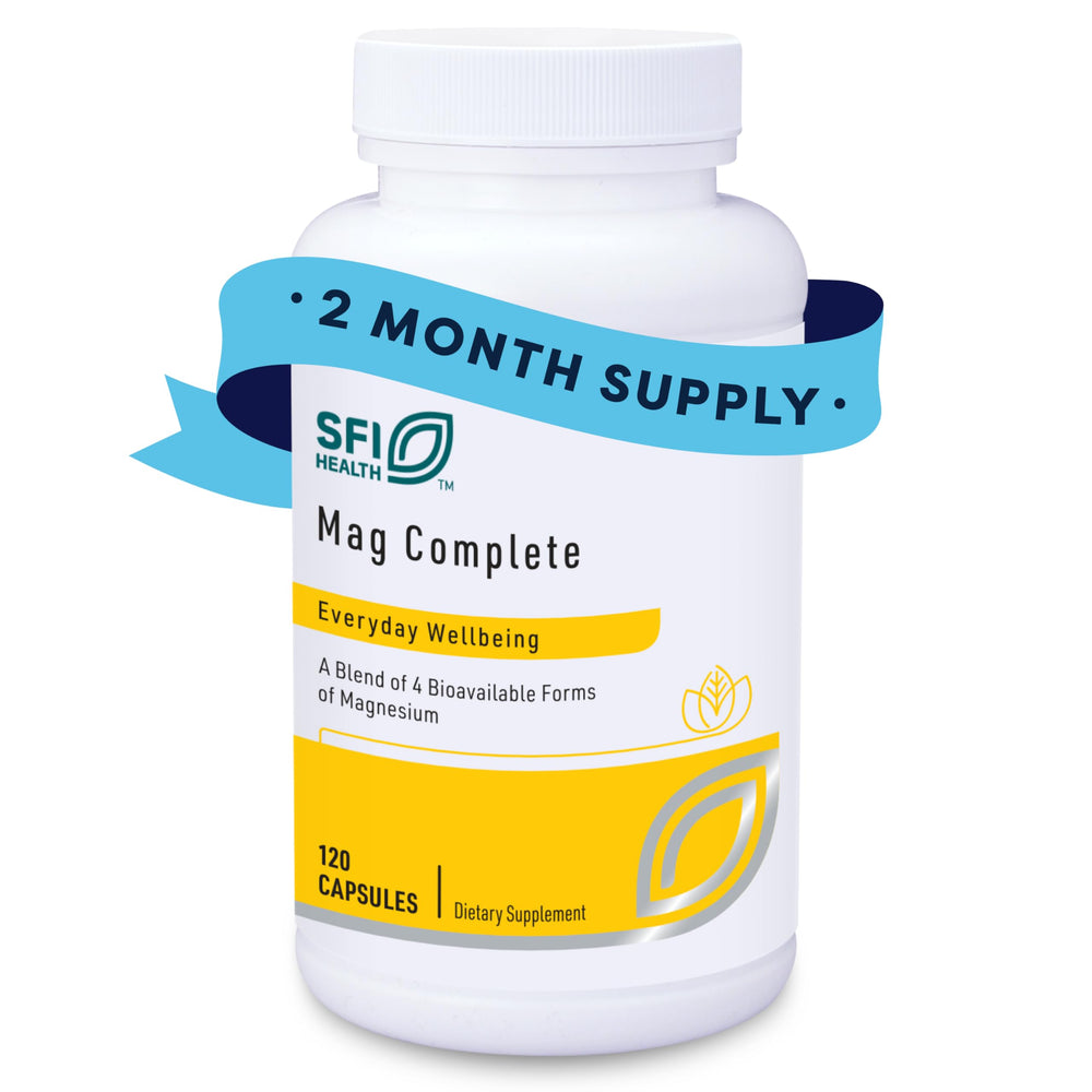 SFI Health Mag Complete bottle front shows trusted supplement for daily magnesium support.