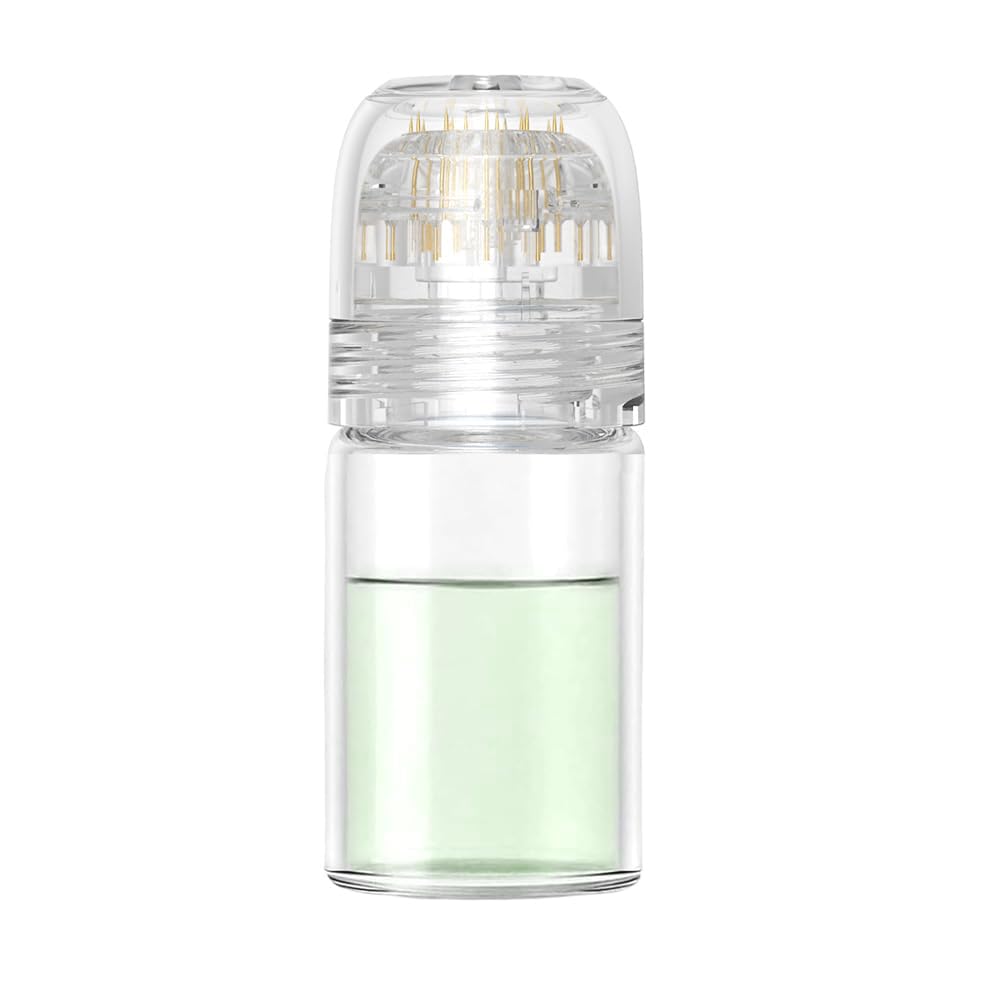 Shake Beauty Hydra Needle Derma Stamp close-up showing the 0.25mm titanium needles for gentle serum application.