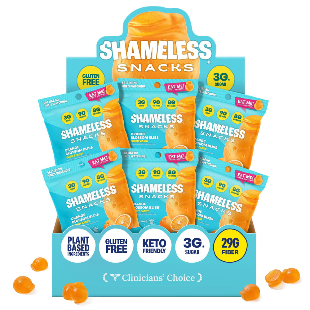 Shameless Orange Blossom gummy pack, a keto-friendly, low-sugar treat for on-the-go.