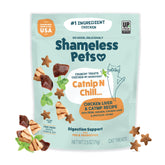 Shameless Pets Catnip N Chill bag close-up showing real chicken liver for a tasty, digestion-friendly snack