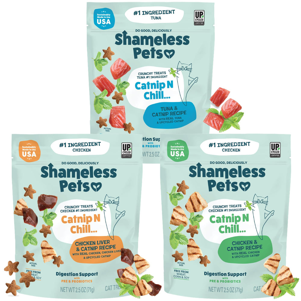 Shameless Pets Crunchy Cat Treats variety pack display with three flavors for cats.