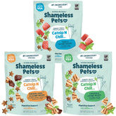 Shameless Pets Crunchy Cat Treats variety pack display with three flavors for cats.