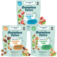 Shameless Pets Crunchy Cat Treats variety pack display with three flavors for cats.