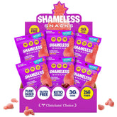 Shameless Sour Cherry Bomb pack front showing a low-calorie snack