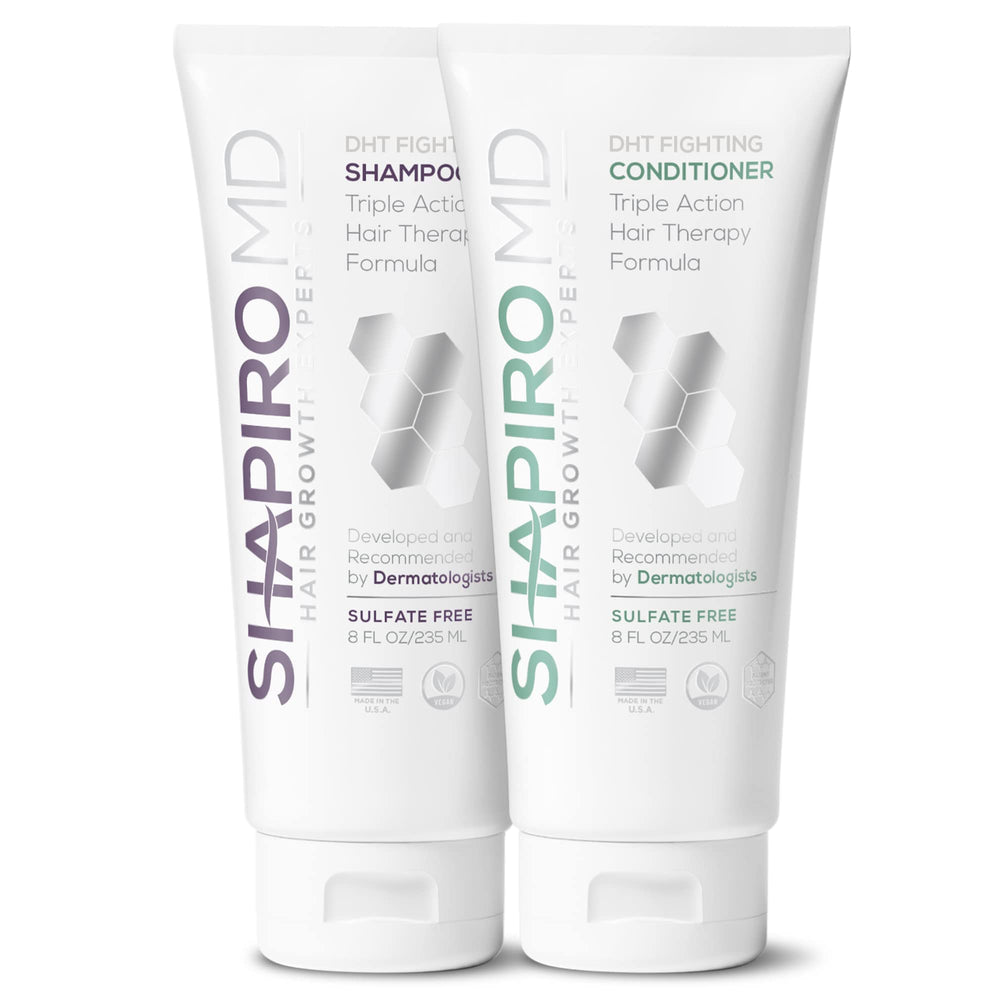Shapiro MD Hair Growth Experts shampoo bottle highlighting DHT-fighting action for fuller look