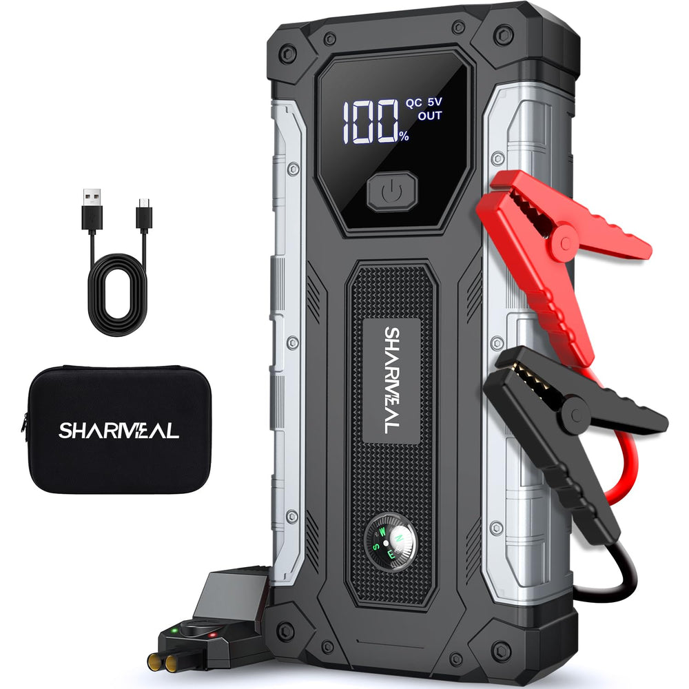 Sharmeal jump starter 5000A front view boosts vehicle battery quickly.