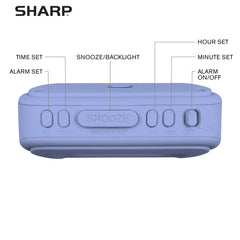 Sharp compact battery-operated alarm clock design fits neatly on any nightstand.