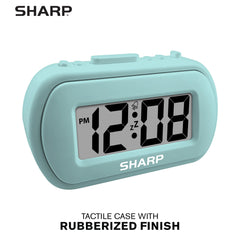 Sharp digital alarm clock with on-demand blue backlight improves screen visibility in dark