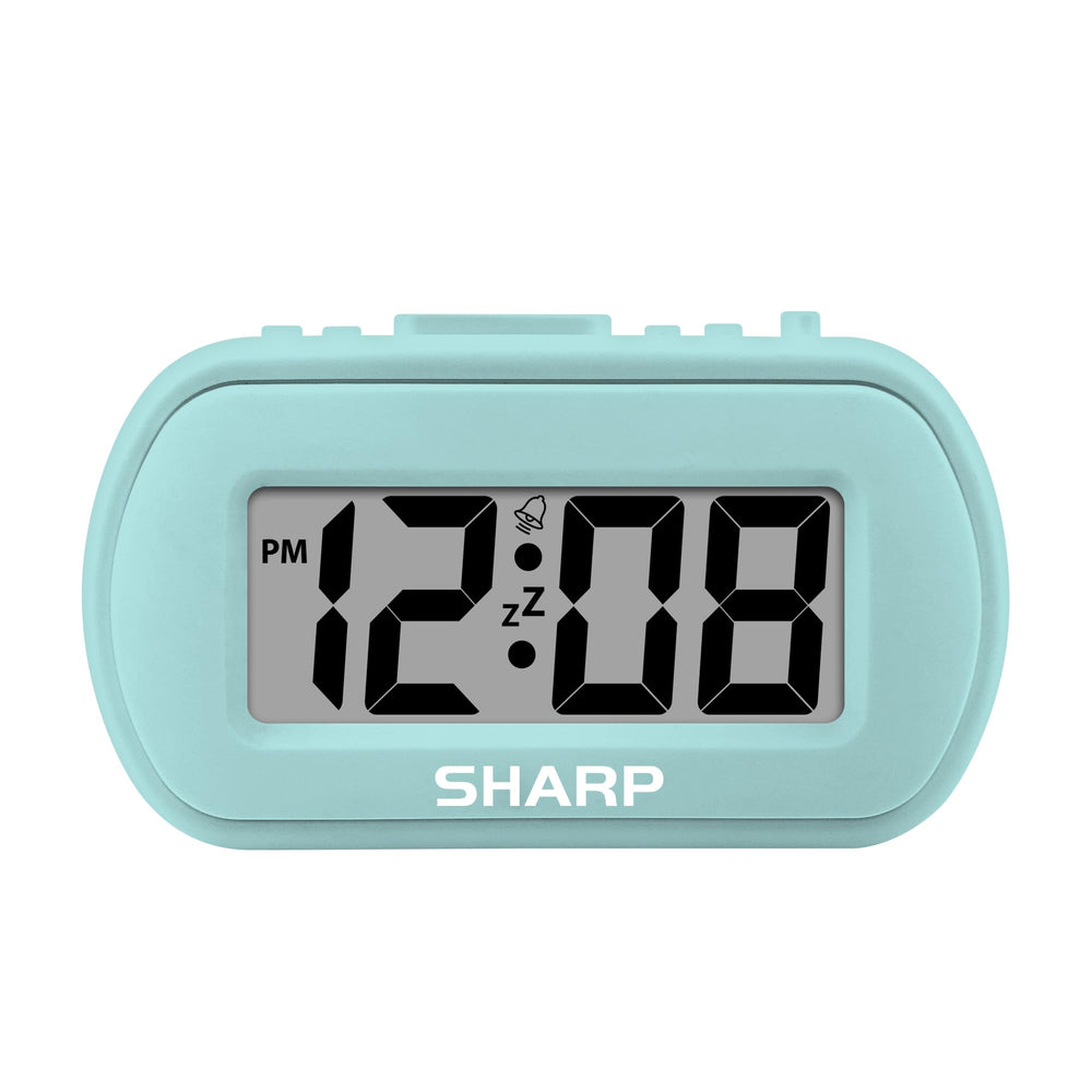 Sharp digital alarm clock with tactile case promotes easy grip at bedside