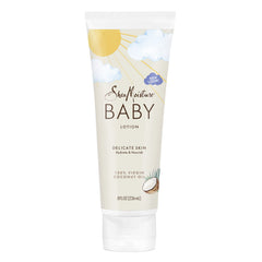 Sheamoisture Baby Lotion bottle featuring Virgin Coconut Oil to nourish dry skin.