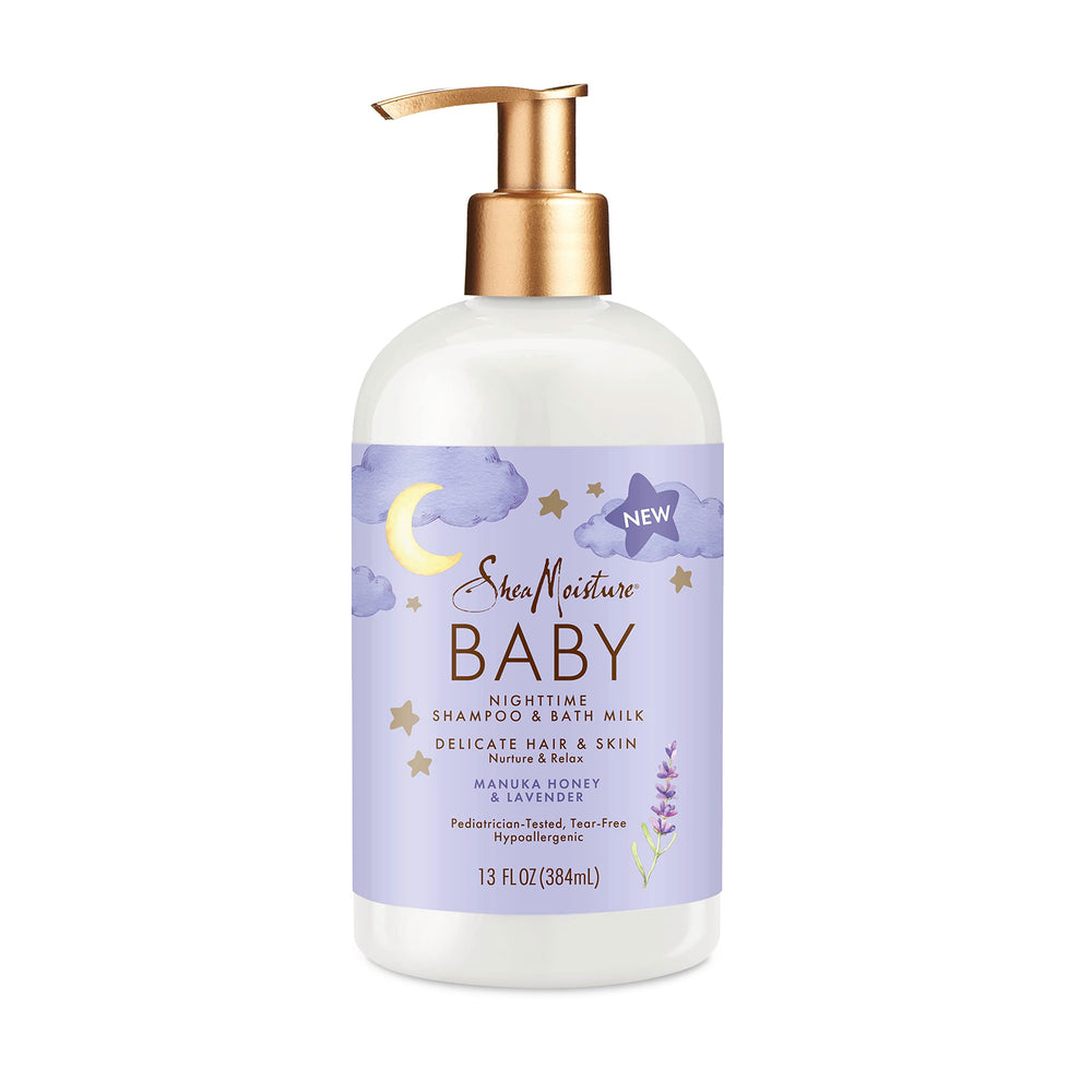 SheaMoisture Baby Manuka Honey & Lavender bottle pour for gentle cleansing of delicate hair and skin.