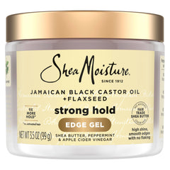 SheaMoisture edge-control flaxseed jar displaying long-lasting hold and frizz control.