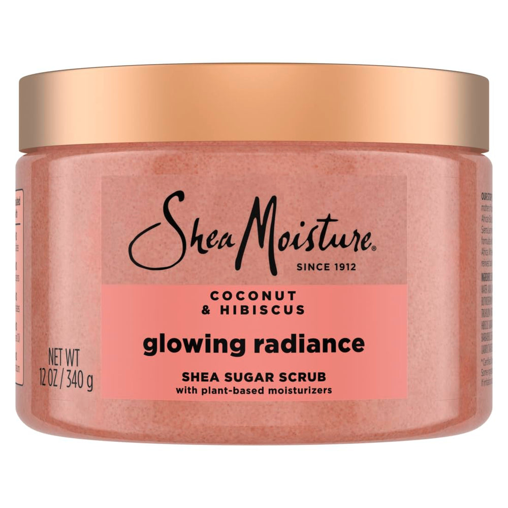 Sheamoisture Glowing Radiance Scrub jar showing creamy exfoliating texture for even skin tone.