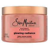 Sheamoisture Glowing Radiance Scrub jar showing creamy exfoliating texture for even skin tone.