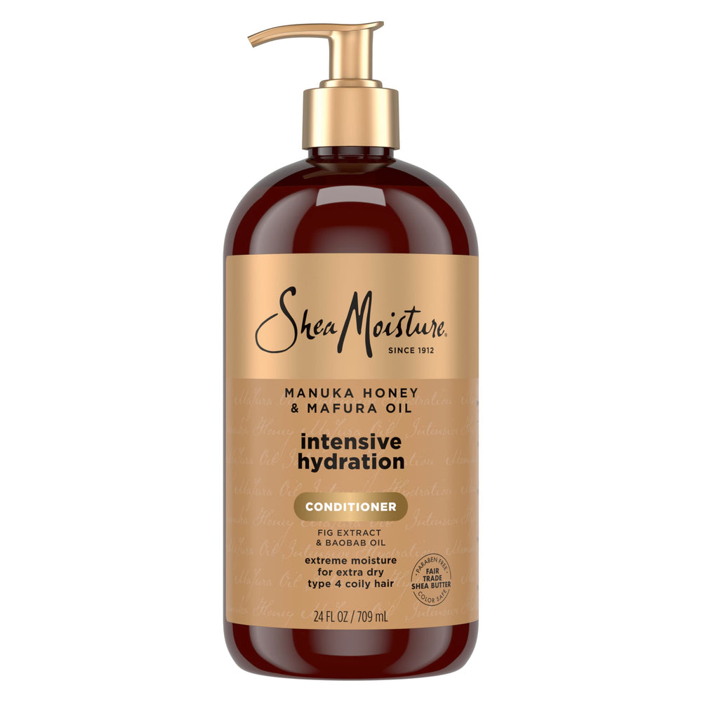Sheamoisture Intensive Hydration Conditioner bottle shows Manuka Honey and Mafura Oil for deep moisture.